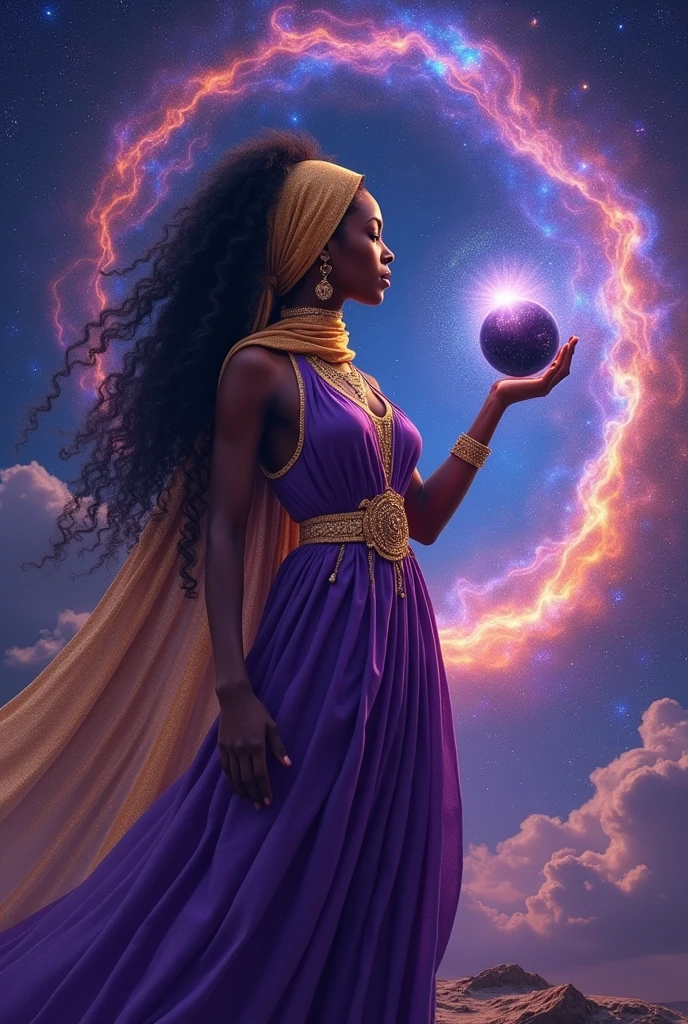 African woman. Astral magic. Floating runes. Royal garment. Wearin purple. Creating a planet. Standing on a galaxy . Holding a black hole. With long full kinky hair. Wearing a gold scarf