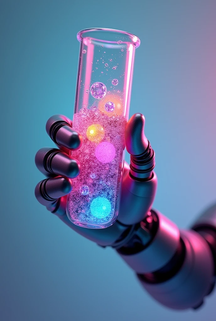 A 2D logo with an image of a test tube with ions inside, being held by a mechanical laboratory arm 