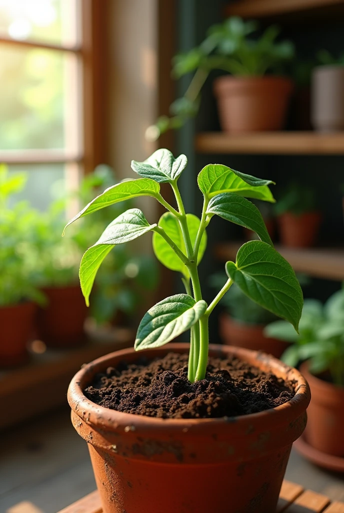 Make me a bean growing in a pot and make it look as real as possible