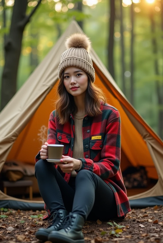 Beautiful Korean woman with clean white skin, wearing a beanie hat, wearing a red and yellow brown checkered shirt, mamaskygibs logo, black jeans, boots, sitting in front of the tent while holding a cup of hot coffee, forest background, original photo