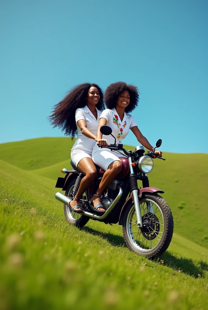Walt Disney Black Woman, long curly hair down to the butt, Round face. Another black woman with curly hair down to below her breasts. They are climbing a hill with green grass on a motorcycle and are dressed as nurses. 