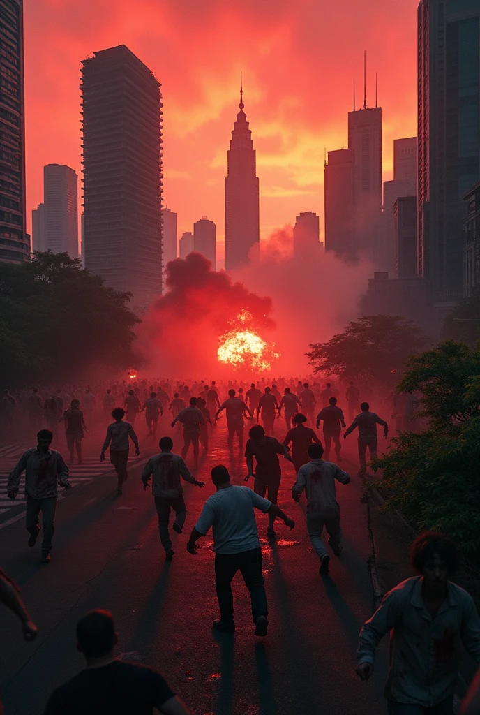 1000 zombie running crowded at klcc,tilt shift photography,cinematic. Bomb everywhere. ,highly detailed,photorealistic,8k,masterpiece,upper view.red sky. Drone footage. Burning fire building.. best quality,professional,bomb effect. Zombie apocalypse. cinematic lighting,moody atmosphere,dramatic shadows,surreal,apocalyptic,dark fantasy,subtle color palette,muted tones,grungy,eerie,unsettling,horror,dystopian