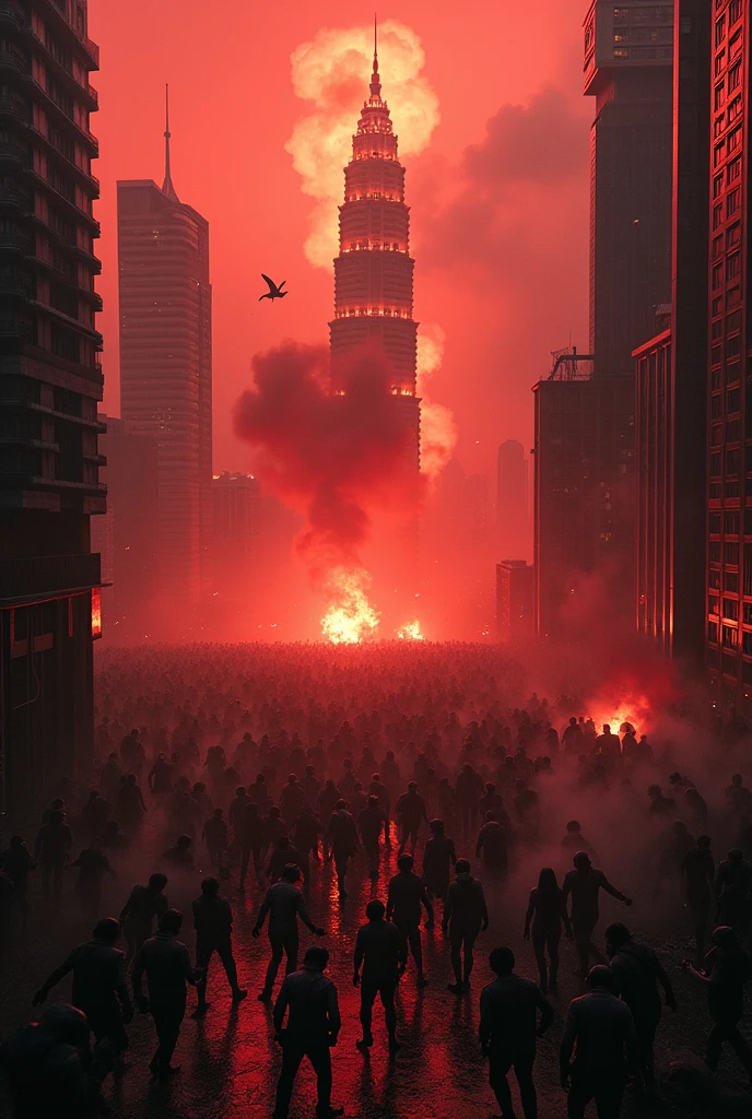 1000 zombie running crowded at klcc,tilt shift photography,cinematic. Bomb everywhere. ,highly detailed,photorealistic,8k,masterpiece,upper view.red sky. Drone footage. best quality,professional,bomb effect. Zombie apocalypse. cinematic lighting,moody atmosphere,dramatic shadows,surreal,apocalyptic,dark fantasy,subtle color palette,muted tones,grungy,eerie,unsettling,horror,dystopian