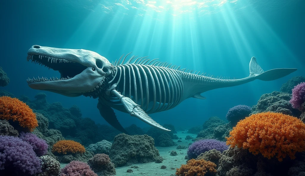 (photorealism:1.2), dead whale fall, only bones, deep, ocean floor, coral thriving