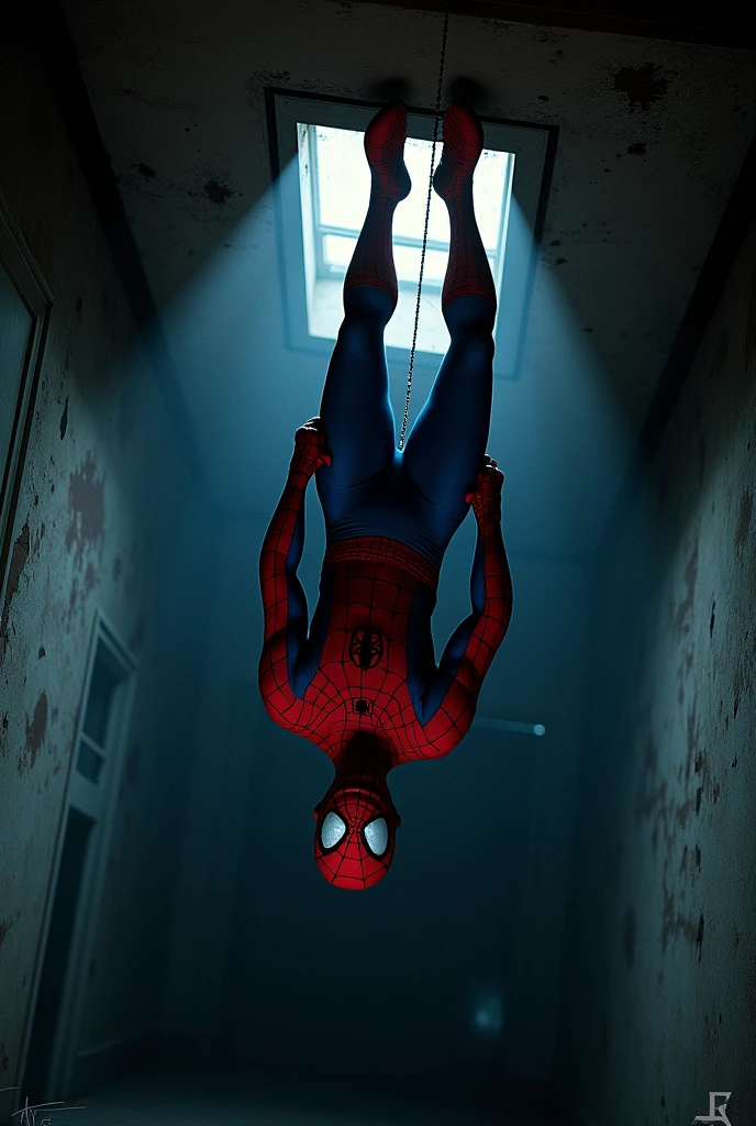 Spiderman looking upside in a darker room standing under a dim light 