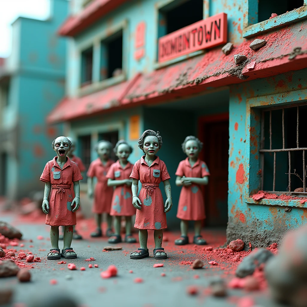 Looking down : Group of post-apocalyptic zombie nurses made of animation clay, outside : Downtown Hospital Made of Clay. Powdered clay . Diorama. Everyday Scenes. Dark Comics. Pop sour colors.