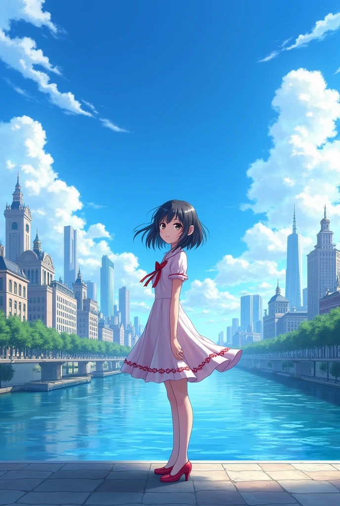 1 girl,hits,negro_hair,blue_sky,puinte,building,castillo,city,cityscape,cloud,day,dress,looking_in_viewer,outdoor,red_ties,red_Love,Love,river,short_hair,short_sleeves,sky,skyscraper,Alone,standing,city,winer,(masterpiece,cheered up,newest,new,exceptional:1.2),