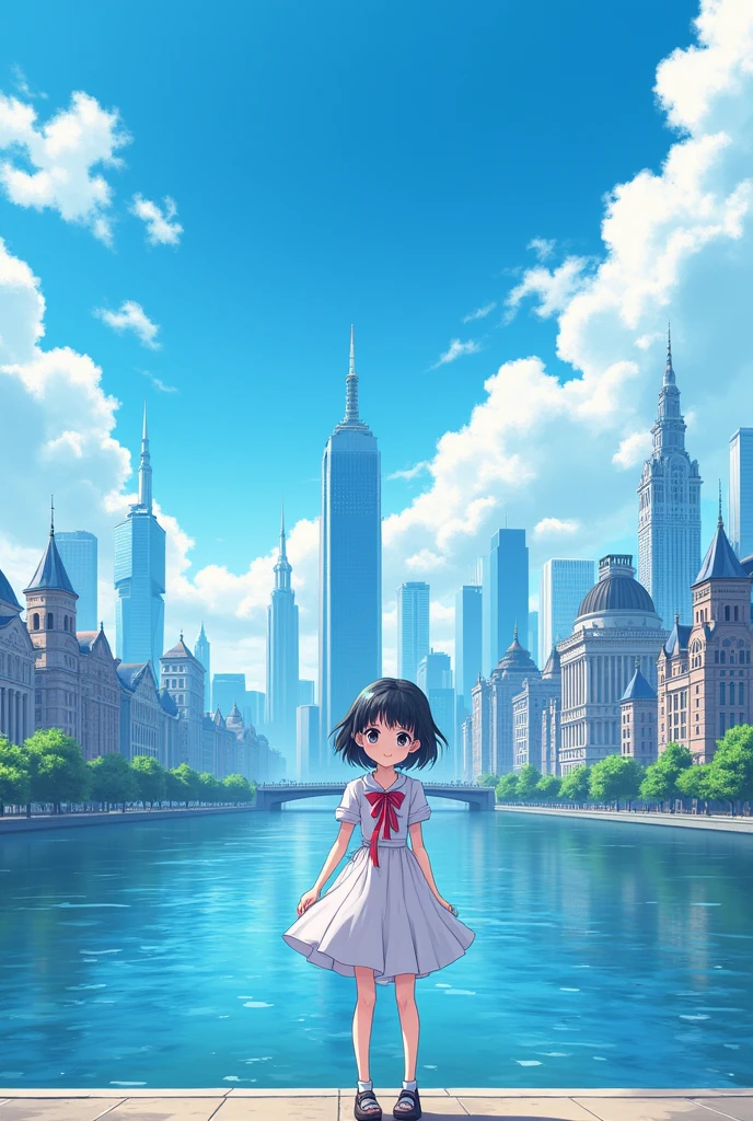 1 girl,hits,negro_hair,blue_sky,puinte,building,castillo,city,cityscape,cloud,day,dress,looking_in_viewer,outdoor,red_ties,red_Love,Love,river,short_hair,short_sleeves,sky,skyscraper,Alone,standing,city,winer,(masterpiece,cheered up,newest,new,exceptional:1.2),