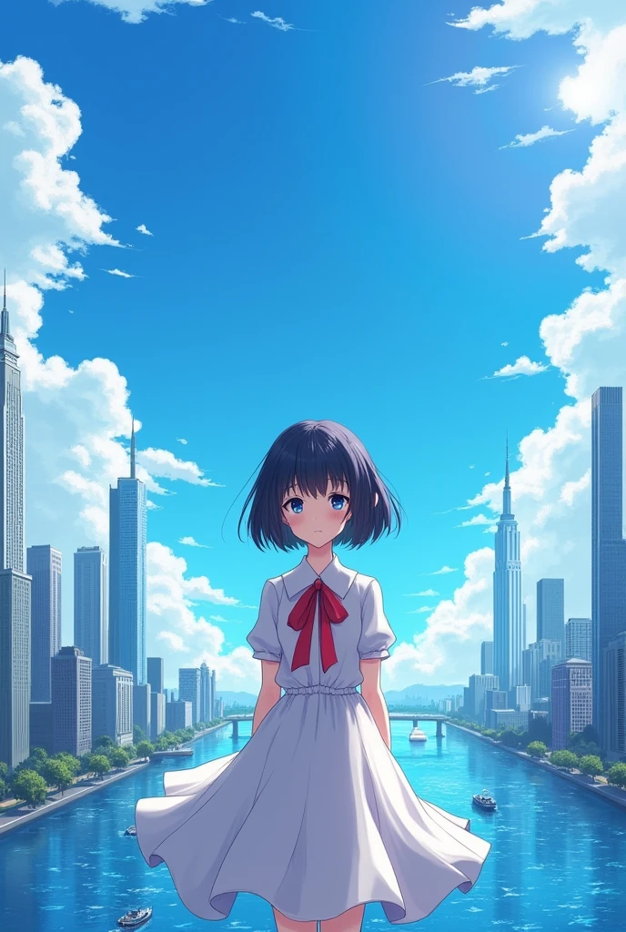 1 girl,hits,negro_hair,blue_sky,puinte,building,castillo,city,cityscape,cloud,day,dress,looking_in_viewer,outdoor,red_ties,red_Love,Love,river,short_hair,short_sleeves,sky,skyscraper,Alone,standing,city,winer,(masterpiece,cheered up,newest,new,exceptional:1.2),