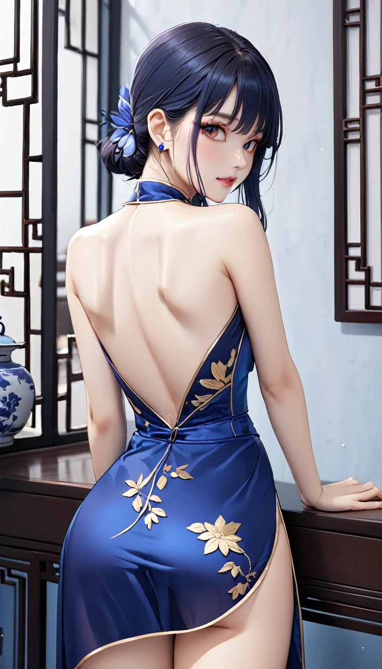 tmasterpiece,best qualtiy,8K,primitive:1.2,realisticlying:1.4,Grotesque,1 Role,Solo,ff Tifa,Most detailed,opens his eyes wide:1.3,eyes reflection:1.5,eyes with brightness:1.5,White skin,(Chinese cheongsam in blue and flowers,side splits,lace-up,Chinese tiara,Blue and white porcelain),Plum print,Slim,Thin leg,Hunched back,Cocked buttocks,armpits,Moon,Updraft,rays of moonlight,Beautiful ancient Chinese architecture,Chinese style,(back)