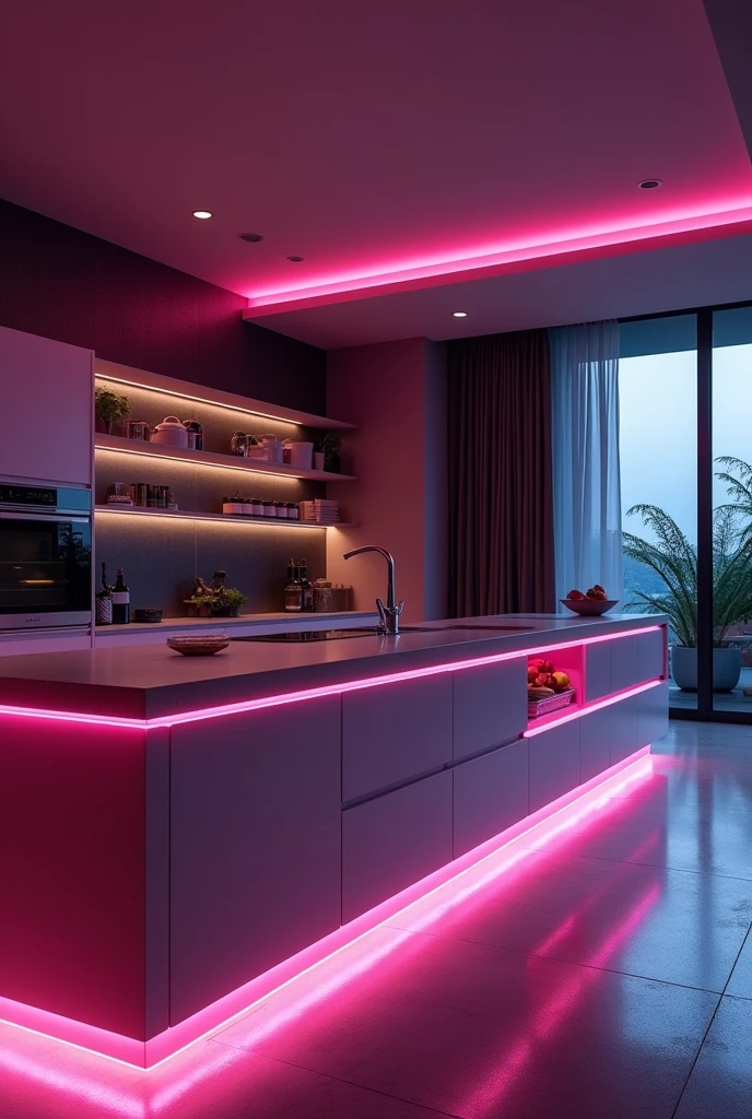
a modern kitchen, Luxurious and fully equipped, mysterious color, (best quality, 4k,8k,High resolution,Masterpiece:1.2),Super detailed,(reality,Real photo,ảnh reality:1.37),professional, advanced technology, sleek design, minimalist aesthetic, light of the future, floating island, smart home features, clean lines, pink accent, neon accent, cinema corner, volumetric lighting, impressive ball