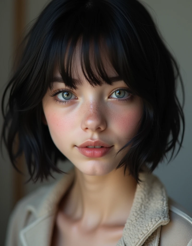 (RAW photo, best quality, masterpiece: 1.2), (photorealistic: 1.4), Polish girl, best lighting, 20 years old, black hair, Light grey eyes, short bob cut, hair in 7 thirds, hair over one ear, Symmetrical eyes, fair skin, solo, Detailed Skin, gloss, blush, smile