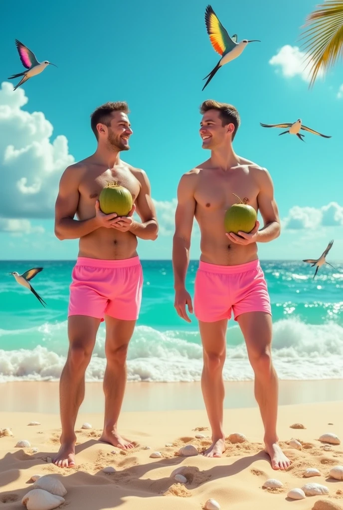 Two young beautiful tall skinny white man on the beach with coconut in hand with pink boxer shorts and rainbow white birds behind