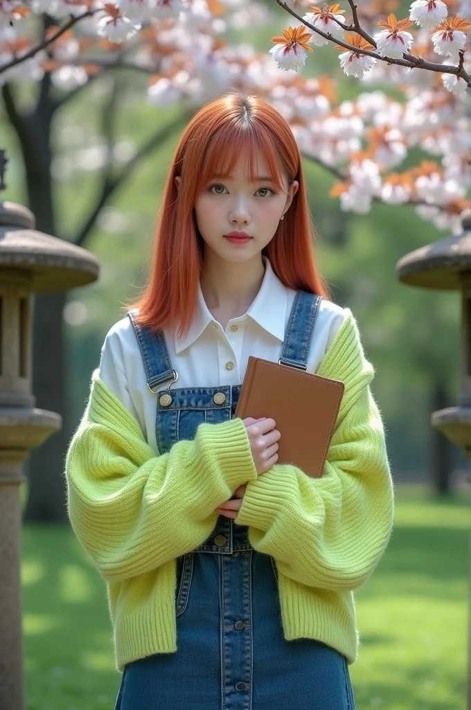 an adult woman, she has straight light red hair, bangss, white skin and green eyes. She has oriental eyes. She is wearing a denim skirt, white shirt and lime green sweater. She has a sad expression and carries a diary in her hand.. She is in a Japanese park.