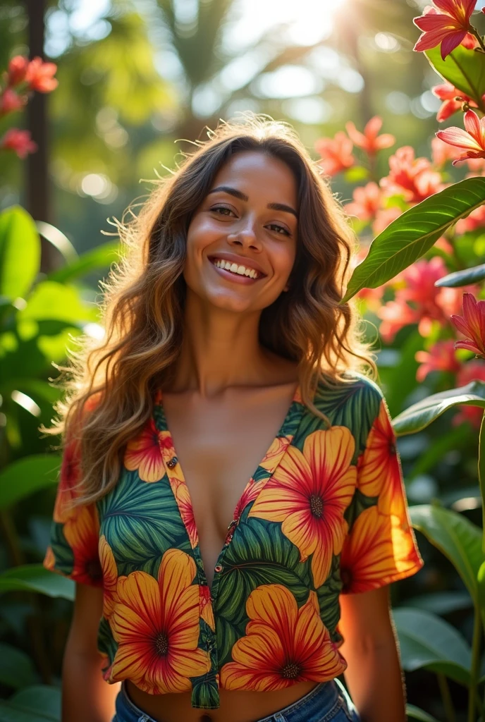 A Brazilian woman in a lush tropical garden, wearing an open shirt with a floral print, with a close-up capturing the harmonious beauty between her breasts and the natural flowers, showing off your natural charm and outgoing personality.