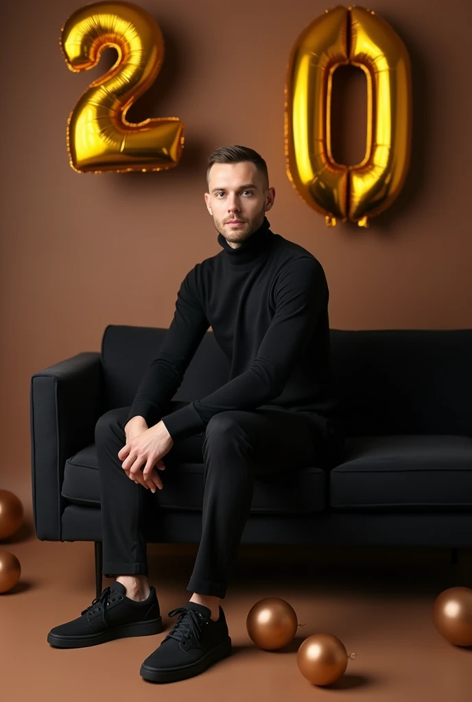 best qualityer:1.4), (ultra high resolution:1.2), (photorrealistic:1.4), (8k, CRU photo:1.2), ung man, 20 years old, thin, has thin arms, skin black, with a smooth, beardless face, with the military haircut, black long sleeve turtleneck shirt. black dress pants. black sneakers. He is sitting on a black sofa. is in a photography studio with a brown background. On the wall there are golden balloons in the shape of the number 20. The hair on top is well cut. There is no muscle in the arms. Brown baby balloons are scattered on the floor.