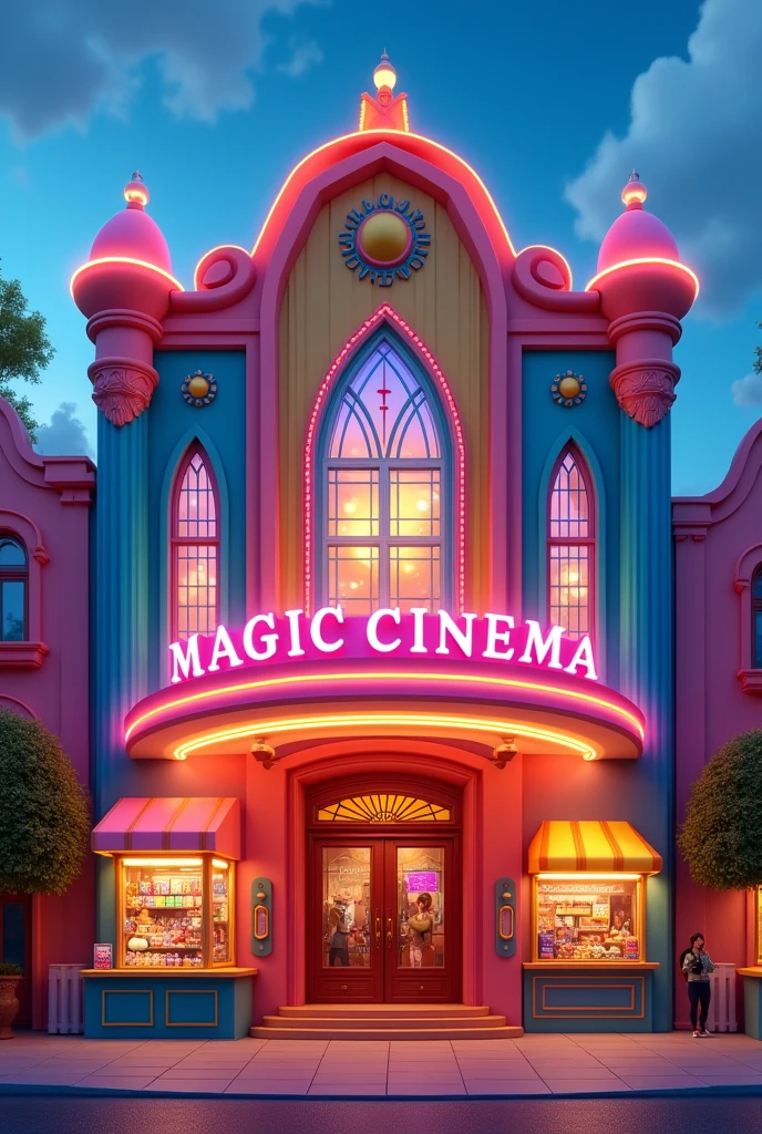make the outside of a cinema. that it is called MAGIC CINEMA that it is cartoonish, that only the front part is visible. Let nothing cover it, that has the entrance in the middle, the ticket office where they sell the tickets on the right side, and the food on the left side, that are in the shape of a window, that is cute and eye-catching, that is elegant and with a tall and striking structure (Give me the same design you gave me before this, but it can be seen from the front)