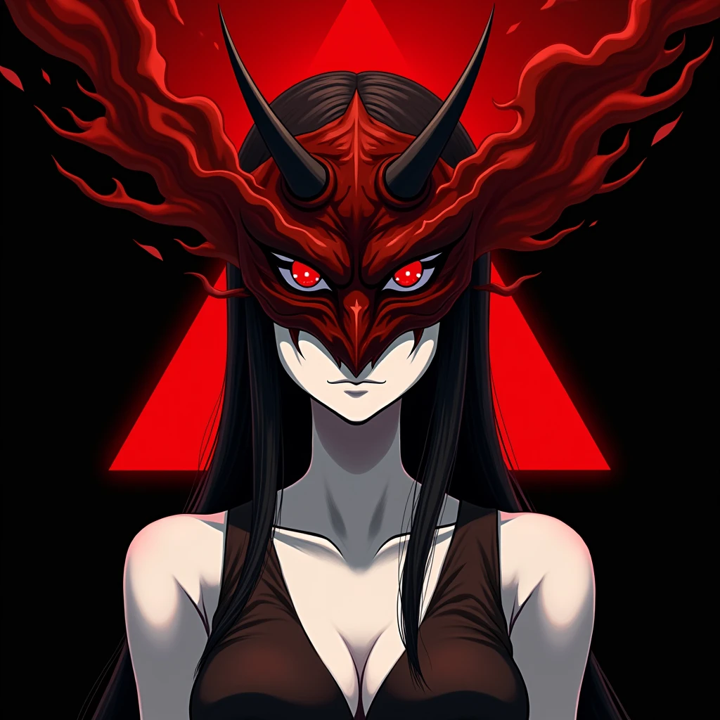 Adashino Benio do anime Sousei no Onmyouji, pele 100% white, focus on the neck of the body, woman in front, blood red demonic samurai mask on half the face with only 1 horn, blood red demonic samurai mask on both sides, blood red triangle behind with dark red clouds inside, completely black image background
