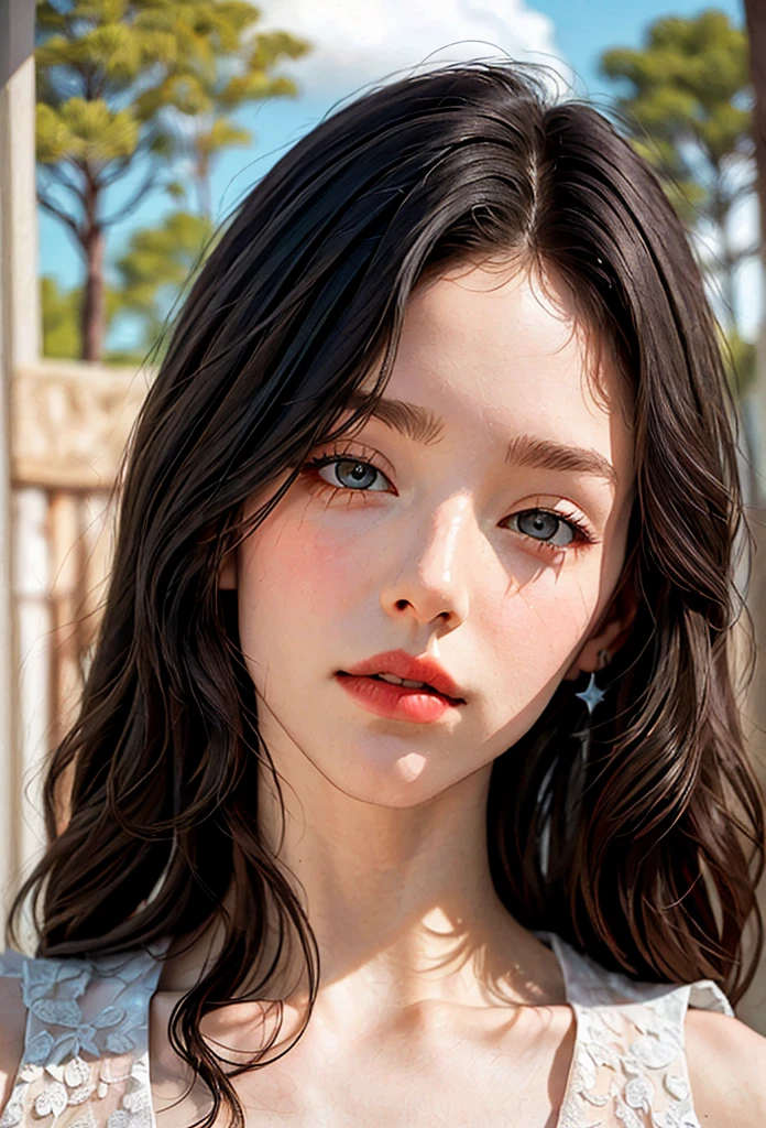 (realistic, animated cartoon, masterpiece), vivid, dynamic angle, Shiny transparent raindrops , vivid Transparent Raindrops, A dense bamboo forest with no path, (Charming Young Model, Pale and white skin, Beautiful face with delicate details_Delicate round eyes filled with starlight, Closed thick pink glossy lips, high nose bridge, -yeld Casian Girl), Red, Frill sleeveless one piece, Sitting position, outdoor background, Selfie from Below, enlargement, perfect shot, pleasure, Clouds in the sky, vivid Quality, vivid silhouette, As if light was shining from the sky, animated cartoon, Delicate and clear outlines and sharp silhouettes, 3D texture,