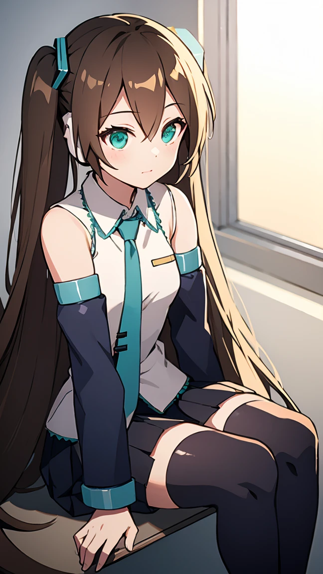 Aile_Megmanzx , 1girl, Simple background, Long hair,  Green eyes, Brown hair, Hatsune Miku Cosplay, sitting