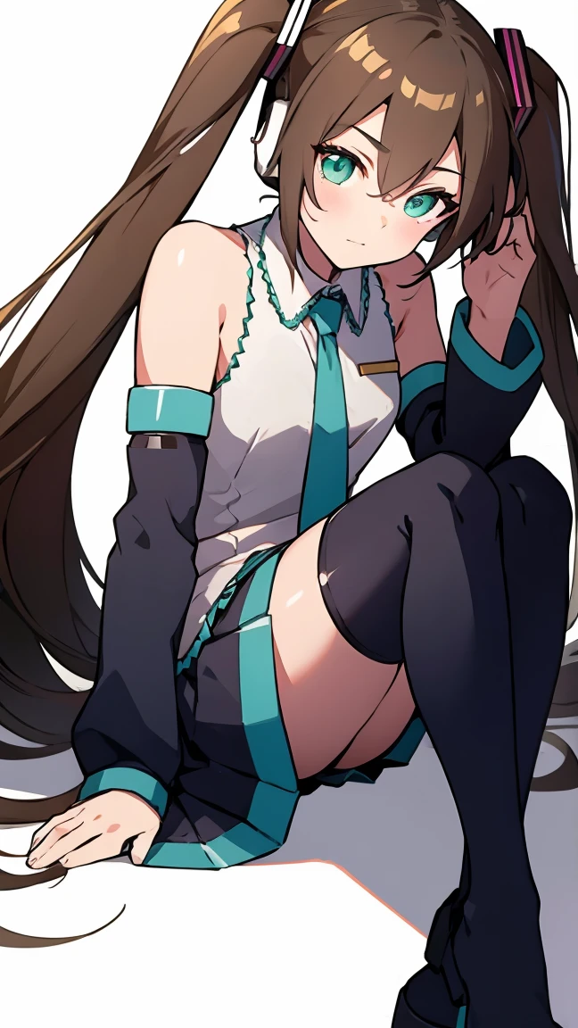 Aile_Megmanzx , 1girl, Simple background, Long hair,  Green eyes, Brown hair, Hatsune Miku Cosplay, sitting