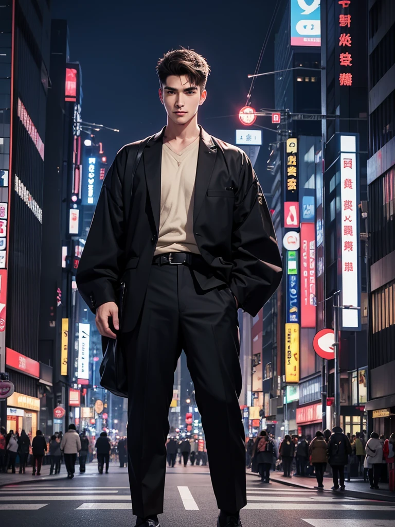 Photorealsitic, 8K full body poster, a handsome, japanes, a 25-year-old man, A charming expression, detailed face details,TOKYOcty, buzzer, Shibuya in the background