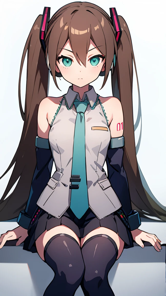 Aile_Megmanzx , 1girl, Simple background, Long hair, Green eyes, Brown hair, Hatsune Miku Cosplay, sitting