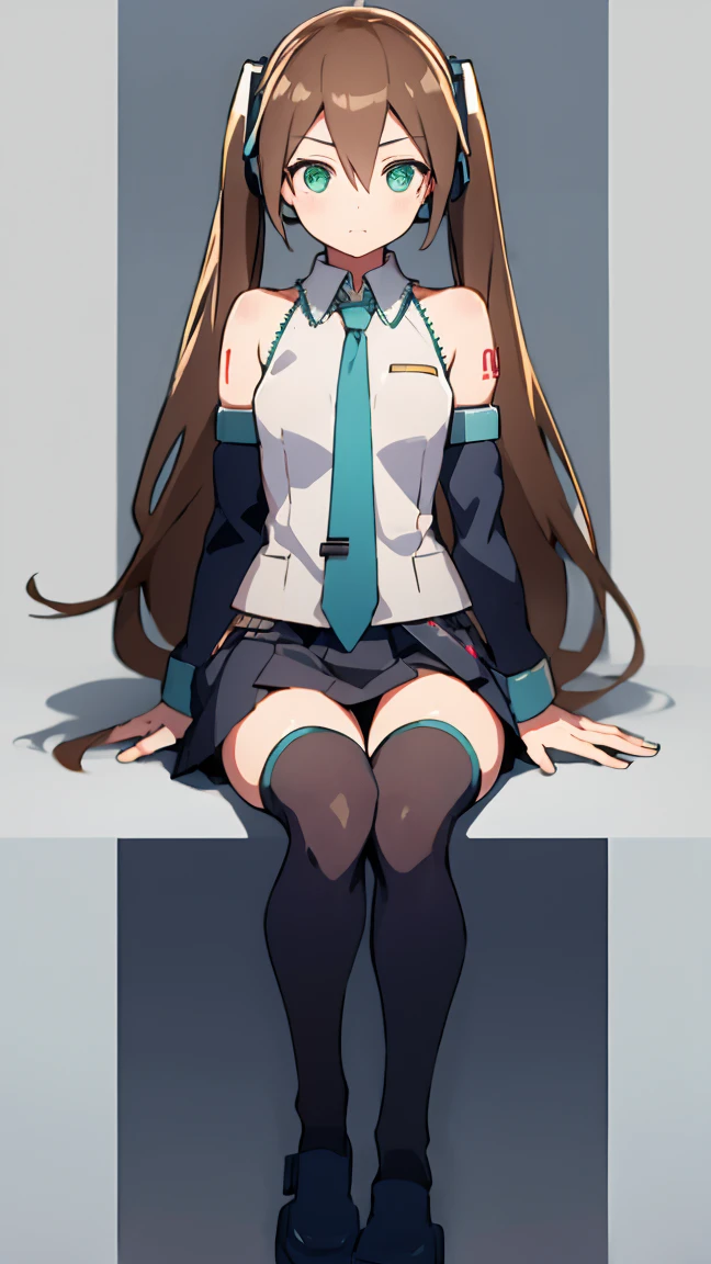 Aile_Megmanzx , 1girl, Simple background, Long hair, Green eyes, Brown hair, Hatsune Miku Cosplay, sitting