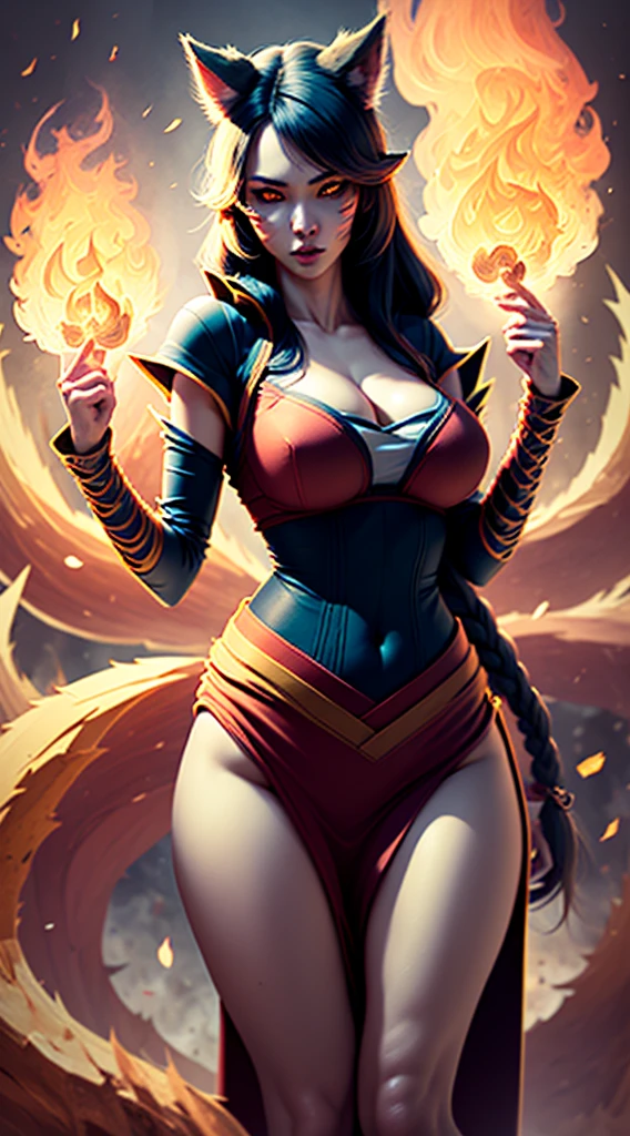 Ray tracing,{Best quality}, {{Masterpiece}}, {A high resolution}, Original, Extremely detailed 8k wallpaper, {An extremely delicate and beautiful}, realistic hand, one girl, good body proportions, cowboy shot, blush, Extremely detailed face, Extremely detailed body, Extremely detailed hands, Extremely detailed eyes, beatiful eyes, glowing eyes ((amber eyes)), extremely detailed background, high quality background,Ahri League of Legends,(((kitsune girl,fox girl,fox tails,nine tails,multiple_tails,multiple tails))),(large breasts:1.9),25-year-old,fighting pose,looking at viewer,fire magic,fire tails,angry look,volcano background,on fire background,(((vivid colors))), red fire