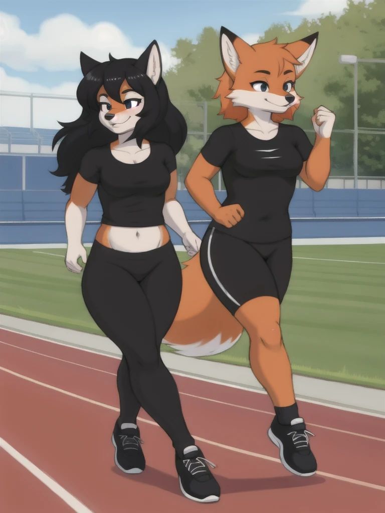 Furry, fox, female, black shirt, black leggings, shoes, running track, friends, full body