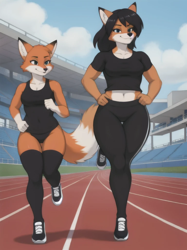 Furry, fox, female, black shirt, black leggings, shoes, running track, friends, full body