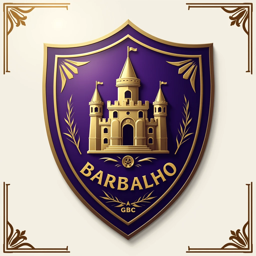 Create a shield for a football team called Barbalho GBC in Portuguese, purple and gold colors, castle, neutral background
