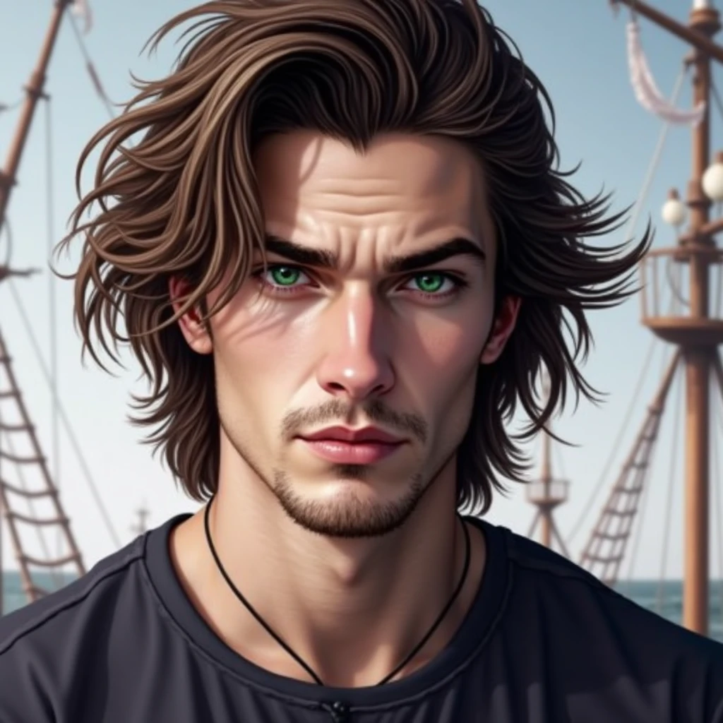 24 year old pirate, hair to the shoulders, greenish eyes, skin tanned, A little high, Hard, striking face with defined jawline, unshaven beard