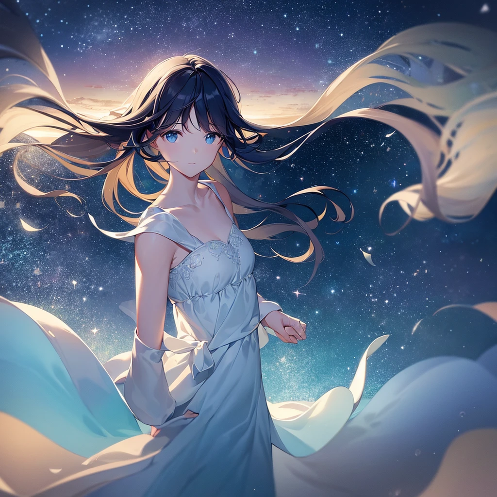 a serene starry night sky, floating wispy clouds, a bright full moon, a sea of stars, pastel colors, a calm and tranquil atmosphere, luminous echoes, a celestial landscape, floating in space, gentle waves, dreamy ambiance, 8k, high quality, hyperrealistic, intricate details, award winning digital art, stunning colors, dramatic lighting, volumetric fog, cinematic composition, photorealistic, fantasy, ethereal, mystical
