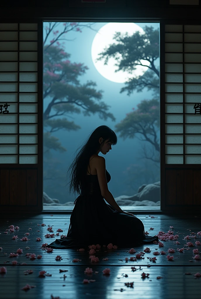 a japanese dojo, a sexy ninja warrior, lowered as if hidden, observing from above, full moon night, gloomy background