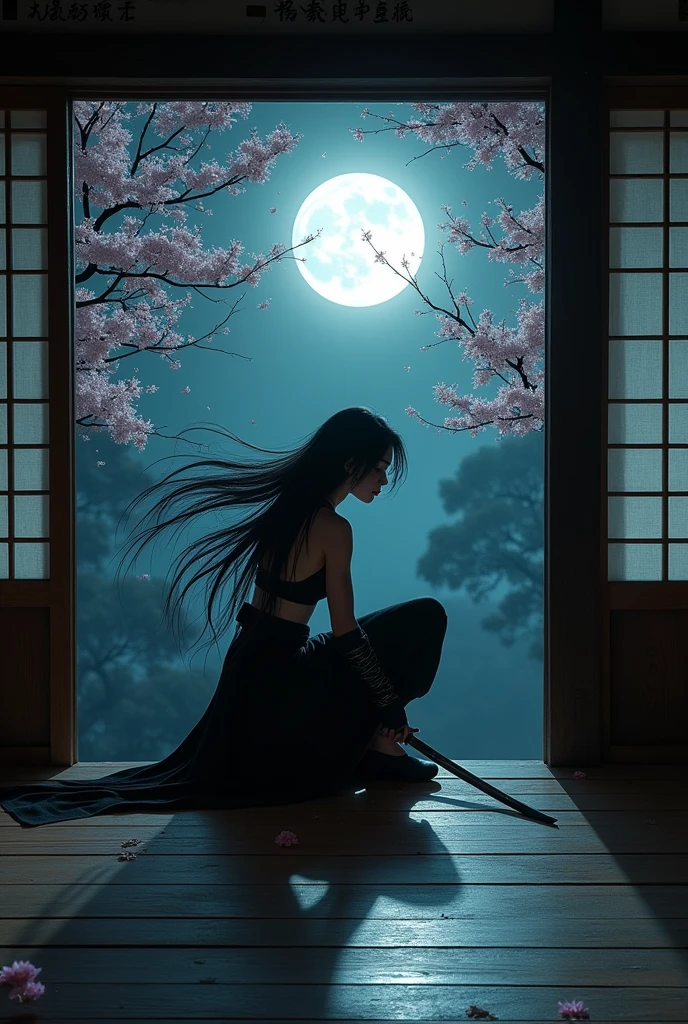 a japanese dojo, a sexy ninja warrior, lowered as if hidden, observing from above, full moon night, gloomy background