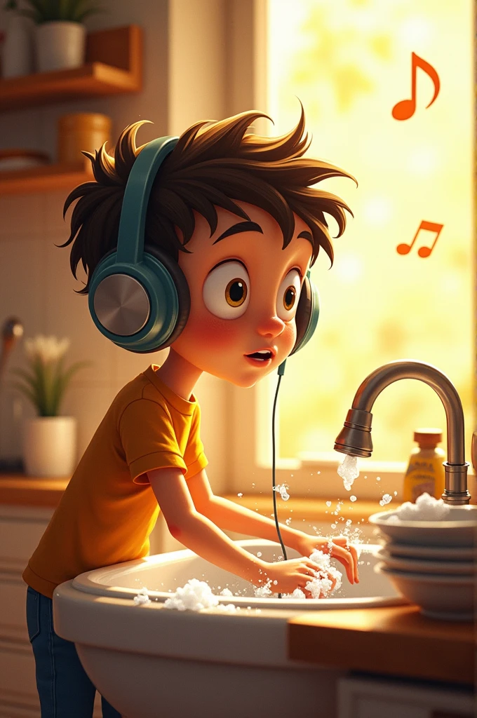 A skinny boy , shorty listening to music with headphones , washing the dishes 