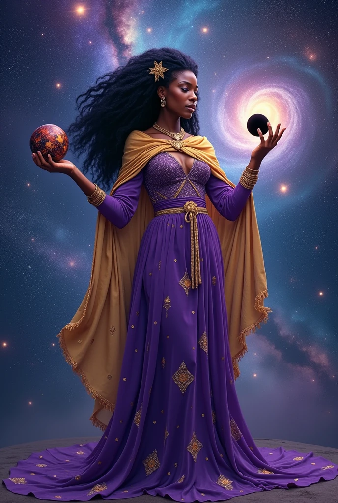 African woman. Astral magic. Floating runes. Royal garment. Wearin purple. Creating a planet. Standing on a galaxy . Holding a black hole. With long full kinky hair. Wearing a gold scarf. Holding a star
