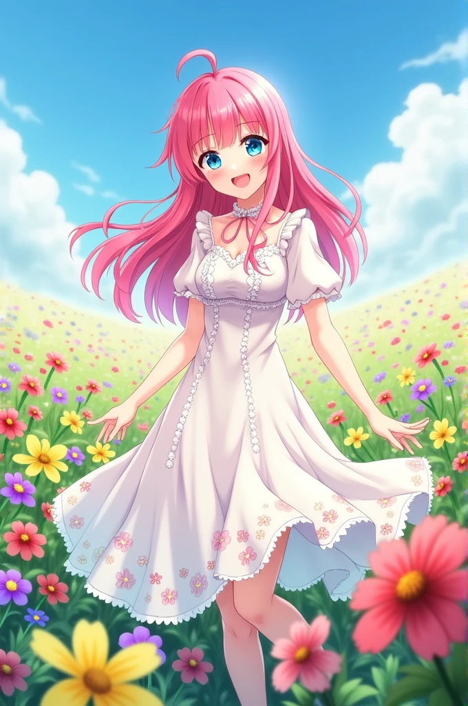 Woman standing smiling among flowers anime girl