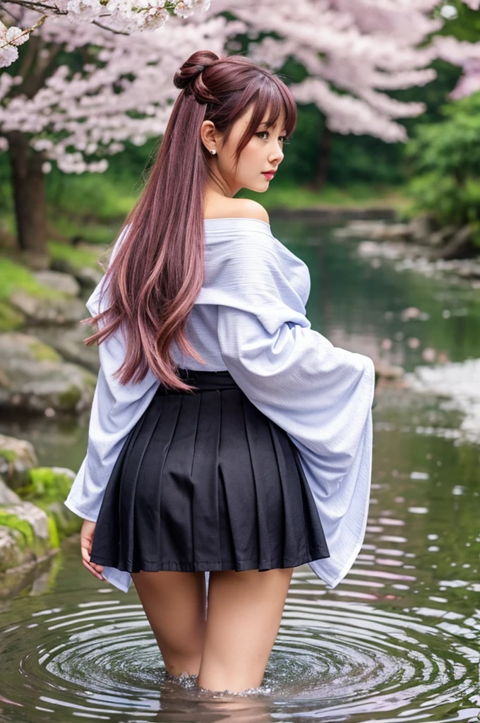 1girl, solo, long hair, breasts, looking at viewer, blush, bangs, skirt, bare shoulders, medium breasts, closed mouth, underwear, green eyes, standing, tail, full body, pink hair, ahoge, outdoors, detached sleeves, japanese clothes, looking back, wide sleeves, kimono, water, from behind, black footwear, bra, blue skirt, sash, obi, cherry blossoms, black bra, hakama, demon tail, hakama skirt, wading, long skirt, white kimono, hip vent, blue hakama