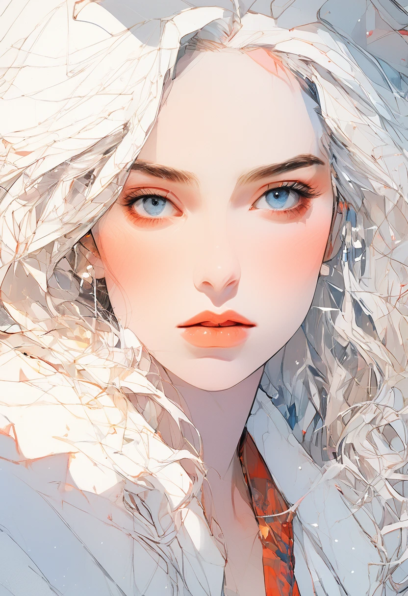(Highest quality:0.8), (Highest quality:0.8), Perfect illustration((masterpiece, Highest quality)), (Portraiture:1.4), (masterpiece:1.2, Highest quality:1.2), top down, whole body, 1 Girl with White Hair, alone, look up, Face Focus, Highly detailed face, Cold Eyes, Very fine grain, good looking, compensate, Put your finger on your lips, Colored eyes red, White fur coat, black tights, Earrings
