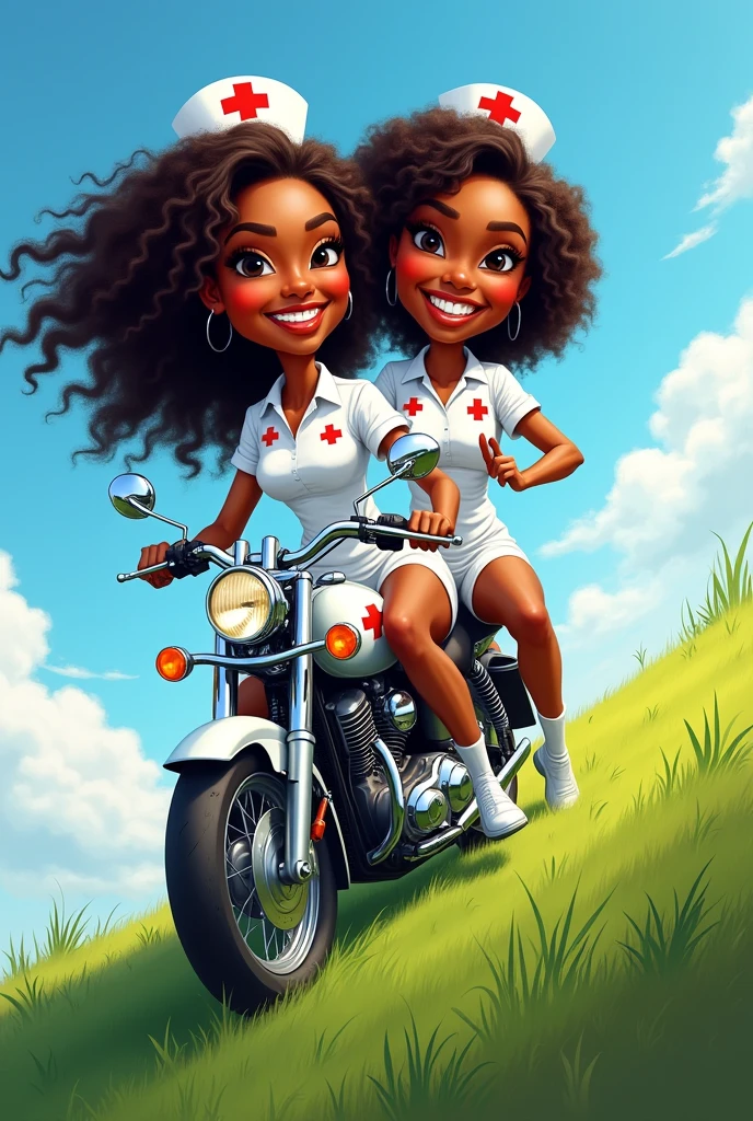 Black Woman Caricature, long curly hair down to the butt, Round face. Another black woman with curly hair down to below her breasts. They are climbing a hill with green grass on a motorcycle and are dressed as nurses.