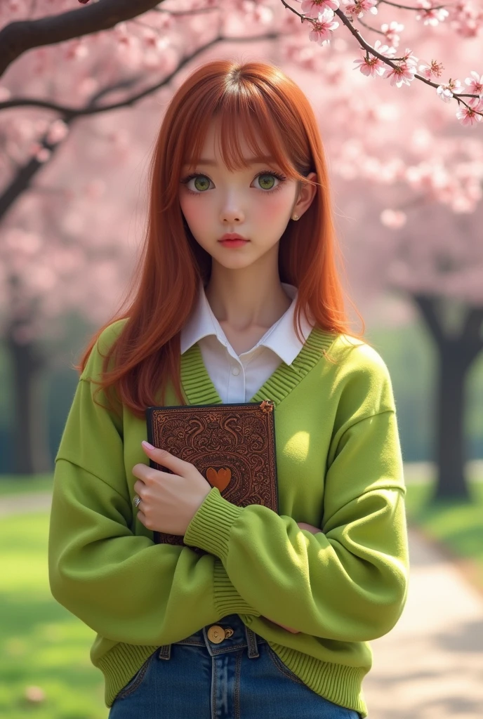 an adult woman, She has straight light red, almost brown hair, bangss, white skin and green eyes. She is wearing a denim skirt, white shirt and lime green sweater. She has a sad expression and carries a diary in her hand.. She is in a Japanese park.