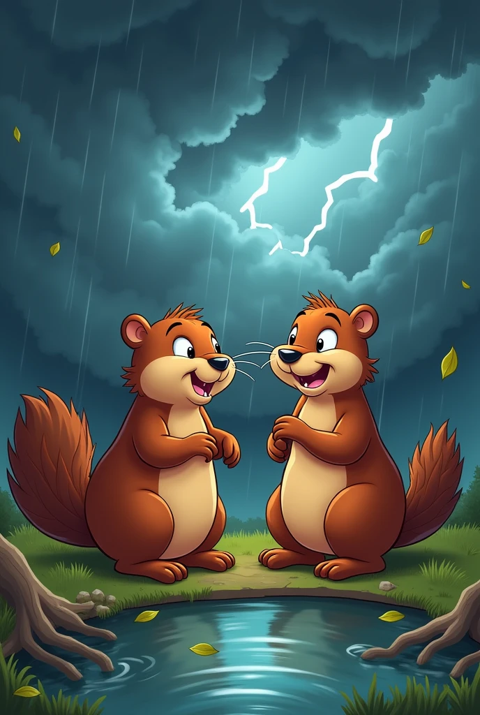 Draw a female beaver talking to a male beaver while black storm clouds are seen in the sky in a cartoon style like drawing  

