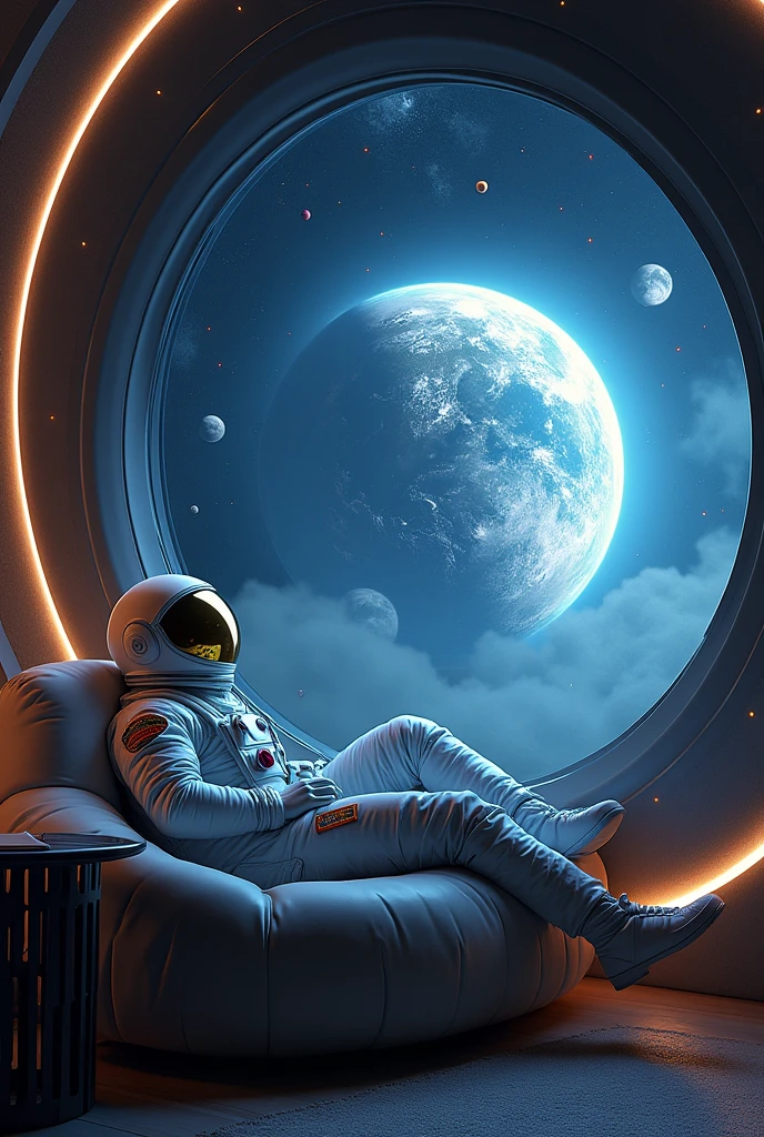 Astronaut sitting on a sofa facing the earth from the moon