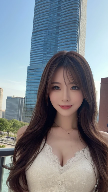Highest quality, figure, Very detailed, In detail, High resolution, 8k wallpaper, Perfect dynamic composition, Beautiful attention to detail, dress,Medium Hair, Center of chest, Natural color lip, Random sexy poses,smile,Tower apartment