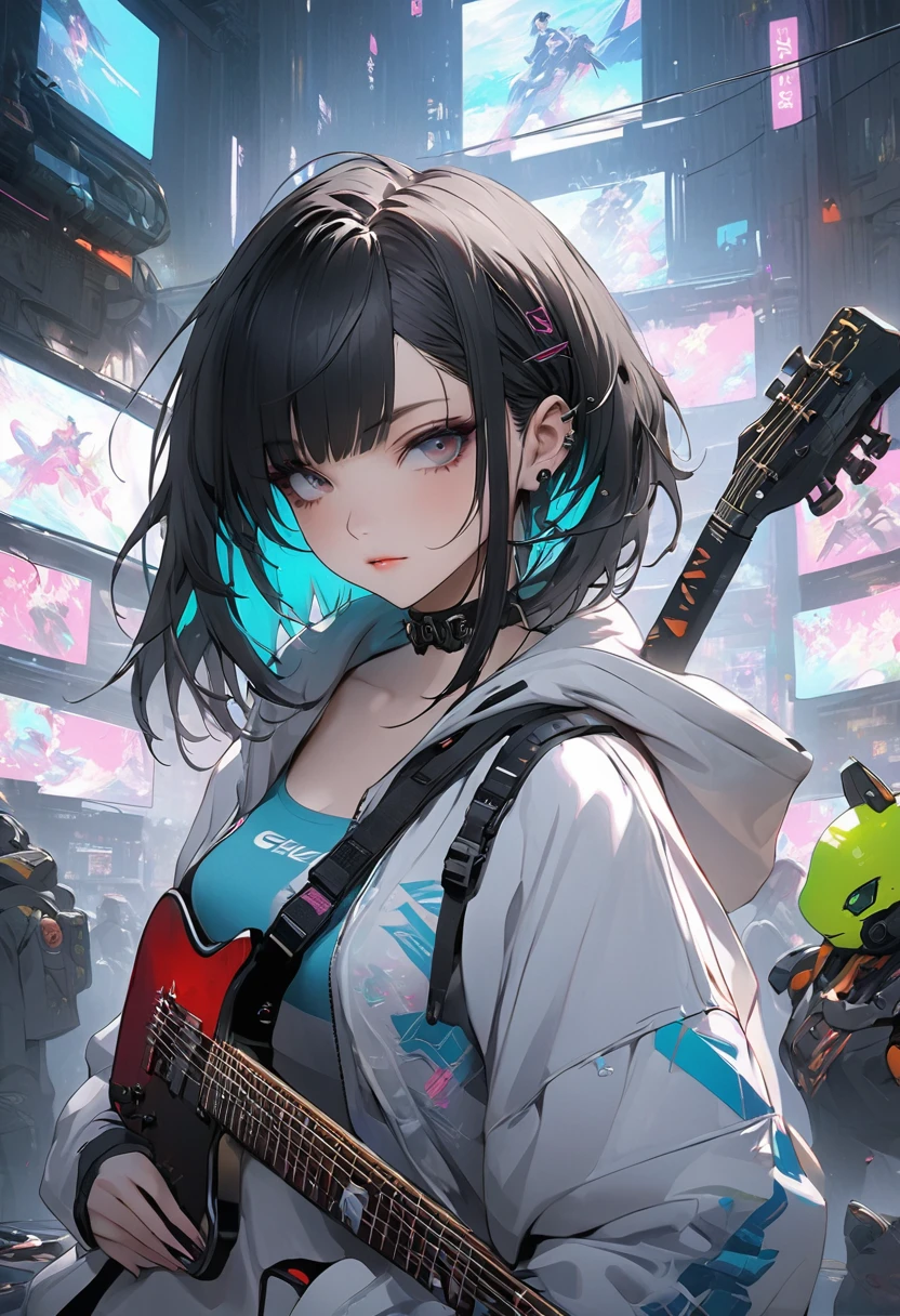 (masterpiece), (最high quality), (High resolution), Large official art, Unity 8k wallpaper, Super detailed, 美しくてbeautiful, high quality, beautiful, masterpiece, The best quality at its best, (((woman))), woman一人, The girl lay on the bed，He has a guitar and lots of toys., Gveiz-style artwork, Anime Girl Cosplay, Cyberpunk anime, Anime Style 4K, AND - , egirl, Gveiz, Fan Art Best Art Station, guweiz on pixiv artstation, Anime Style, Cyberpunk anime in hoodie