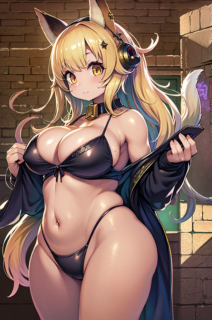 Ke/And_Ari, 1 girl, Ari (League of Legends), breasts, animal ears, blonde hair, alone, fox ears, Ke/And (League of Legends), long hair, cleavage, tail, whisker pattern, looking at viewer, facial scar, choker, large breasts, bare shoulders, fox tail, jewelry, yellow eyes, upper body, multiple tails, bangs, shiny, collarbone, covered navel, earrings