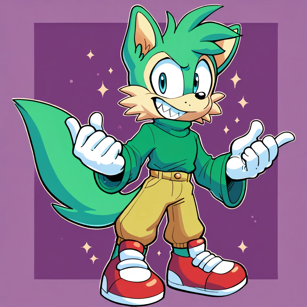 The fox from the Baby Huey cartoons is a classic cartoon villain with a sneaky, conniving appearance. He typically has a slender build with an elongated snout, sharp, and a pointed chin. His fur is usually a reddish-brown or orange, with a white underbelly and face. He often wears a green or purple turtleneck sweater and a pair of pants, which adds to his mischievous, yet somewhat goofy, demeanor. The fox usually has a cunning grin, showing his sharp teeth,