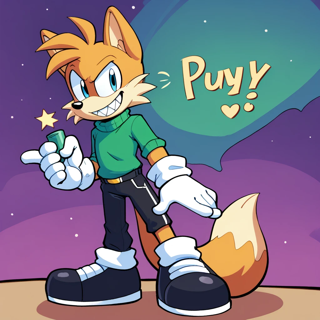 The fox from the Baby Huey cartoons is a classic cartoon villain with a sneaky, conniving appearance. He typically has a slender build with an elongated snout, sharp, and a pointed chin. His fur is usually a reddish-brown or orange, with a white underbelly and face. He often wears a green or purple turtleneck sweater and a pair of pants, which adds to his mischievous, yet somewhat goofy, demeanor. The fox usually has a cunning grin, showing his sharp teeth,